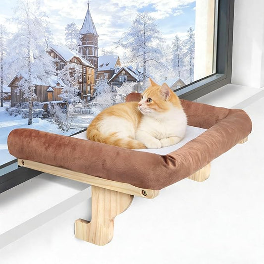 Cat Window Perch with Bolster, Large Hammock Bed for Indoor Cats, Solid Wood & Metal Frame Mounted Perch, Cozy Sunbathing Lounge Bed, 25” Wide (Brown Bed)