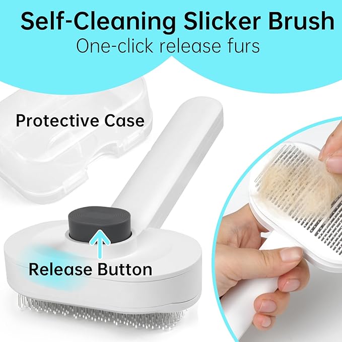 Self-Cleaning Slicker Brush for Dogs & Cats, 3-in-1 Grooming Kit with Detangling Comb & Storage Box, Deshedding Tool for Long Short Hair Pets, Soft Cat Brush Prevents Matting & Tangles, White
