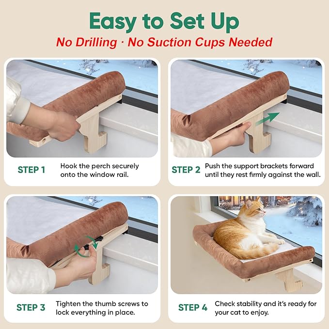Cat Window Perch with Bolster, Large Hammock Bed for Indoor Cats, Solid Wood & Metal Frame Mounted Perch, Cozy Sunbathing Lounge Bed, 25” Wide (Brown Bed)