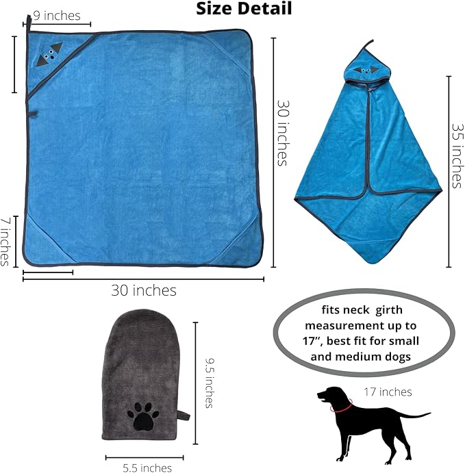 Penny & Niko Multi Purpose Microfiber Pet Towel and Mitt Set - Cat, Dog Drying Towel/Hooded Robe and Paw Cleaning Gloves - 30x30 inches - Blue/Gray Set