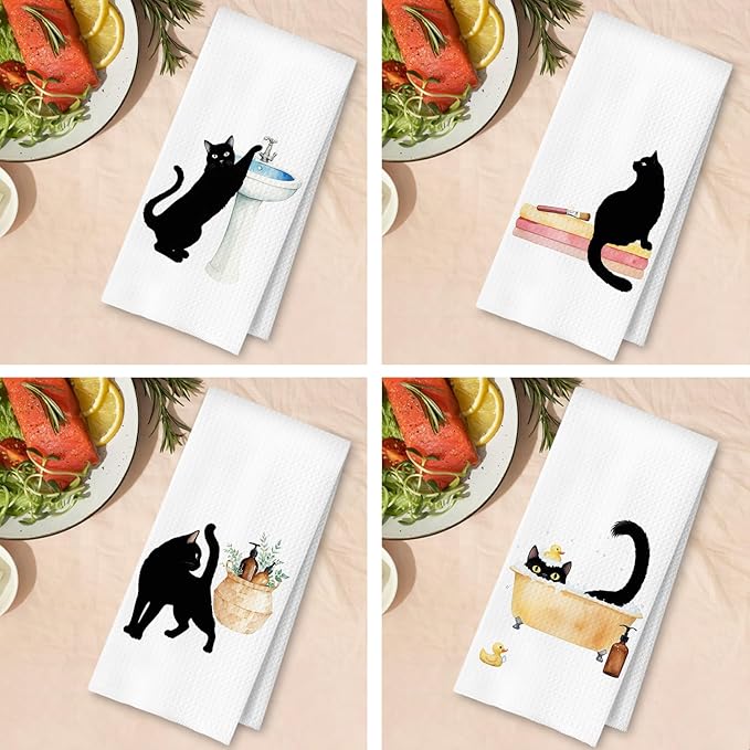 Funny Black Cat Hand Towels for Bathroom Set of 4, Black Cat Bathroom Decor for Lover Gifts for Women, 16x24 Inch