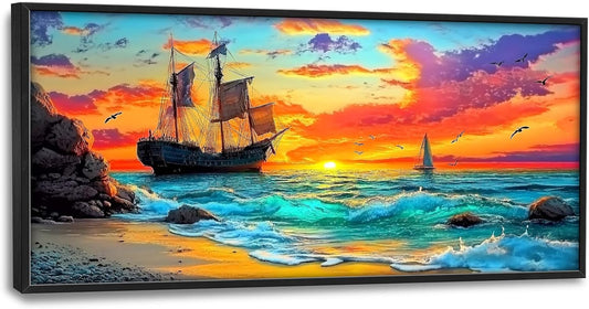 Framed Large Ship Wall Art for Living Room, Oversized Coastal Beach Boat Wall Decor Nautical Seascape Sailboat Canvas Painting Modern Artwork Home Decoration for Living Room Bedroom 60"x30"