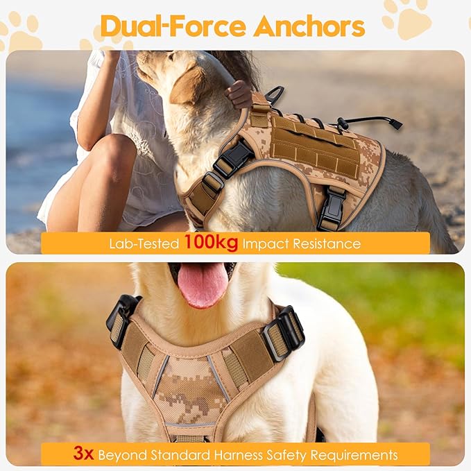 Heavy-Duty Tactical Dog Harness for Large Dogs, No Pull Adjustable Reflective Pet Vest with Molle System, K9 Military-Grade Control for Service Training, Outdoor & 10+ Breeds, Khaki Camo, Small