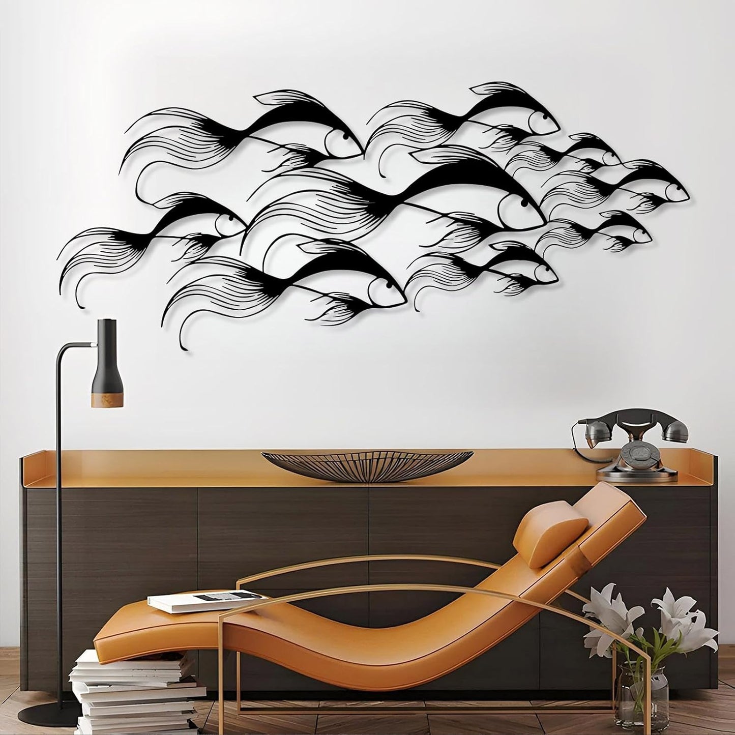 School of Fish Metal Wall Art, Metal Fish Wall Decor, Sea Life Wall Art, Large Nautical Wall Hanging, Modern Beach House Wall Decor, Ocean Themed Artwork for Bathroom (Black, 35"x15" | 90x38cm)