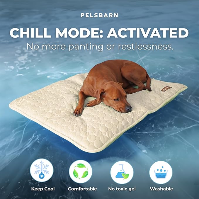 Pelsbarn Dog Cooling Mat- Ice Silk Summer Comfort, Self Cooling, Non-Slip Dog Pad, Durable & Washable, Mat for Large Dogs 25"" x 37"", Support Shelter Dogs with Every Purchase (Beige)