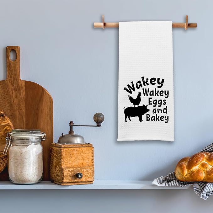 Funny Kitchen Towels Chef Dish Towels Wakey Wakey Eggs and Bakey Dishcloth Humor Sayings Soft Towels Gifts for Hostess Housewife Chef Funny Birthday Gifts for Women Men Family Sister Friend