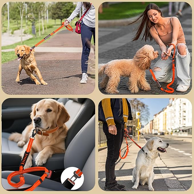 Heavy Duty Tactical Dog Leash, 4-6FT Shock Absorbing Bungee Leash with 2 Padded Handles, Metal Carabiner Clip, Car Seatbelt, Reflective leashes for Large Breed Dogs Medium Dog (Orange)