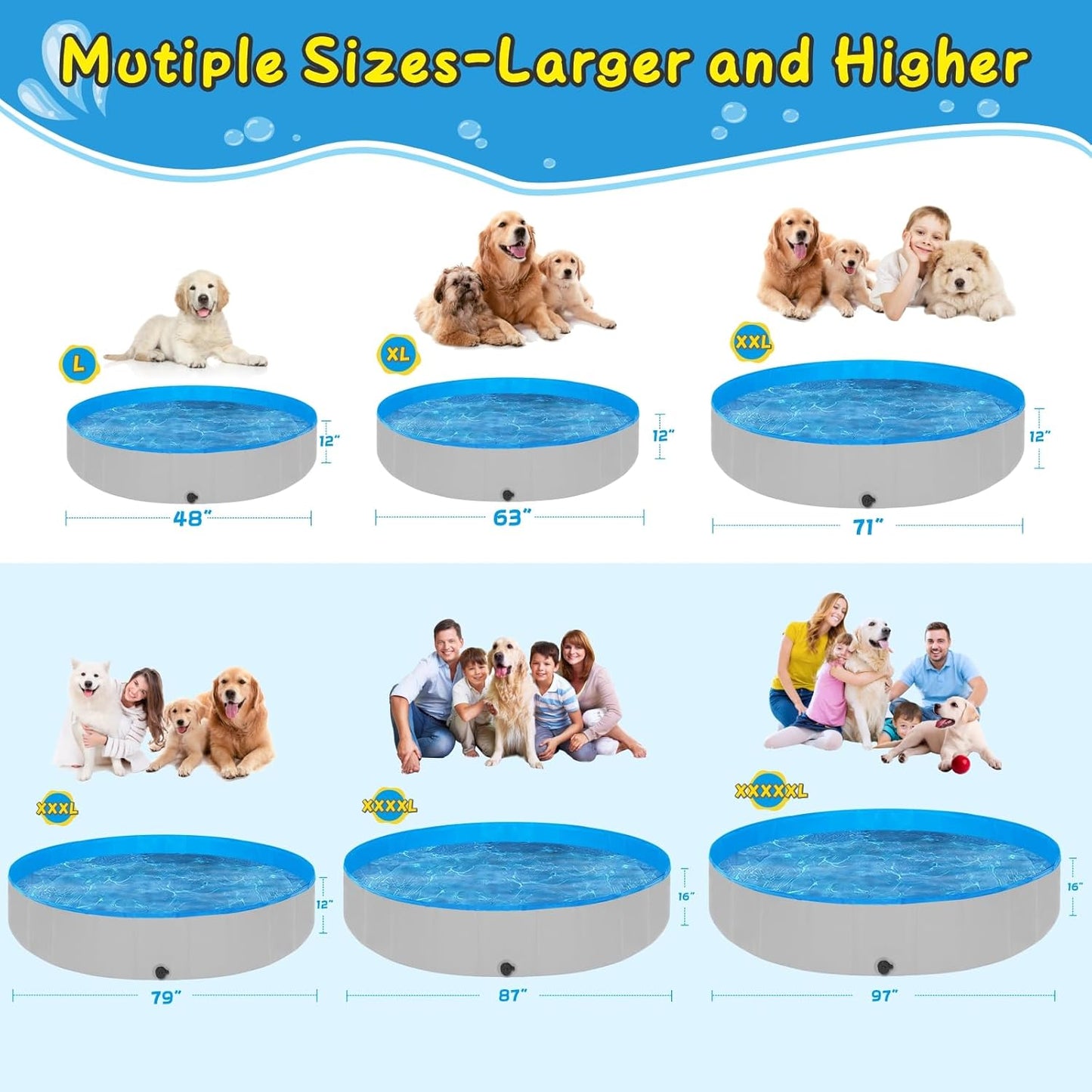 Extra Large Foldable Dog Pools for Large Dogs Heavy Duty,97"x16" Anti-Slip Portable Swimming Pool,Hard Plastic Kiddie Pool for Pets Dogs Cats & Kids