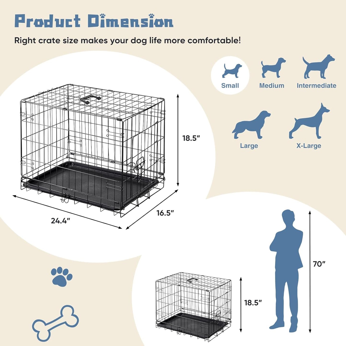 DUMOS Dog Crate, 24 Inch Medium Single Door Dog Cage with Divider Panel and Plastic Leak-Proof Pan Tray, Folding Metal Wire Pet Kennel for Indoor, Outdoor, Travel