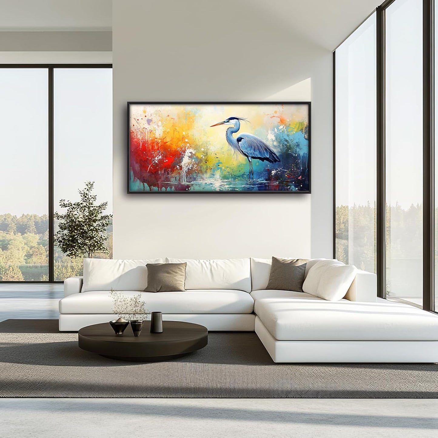 Extra Large Framed Abstract Heron Wall Art,Oversized Colorful Graffiti Heron Wall Decor Pictures for Living Room,Canvas Print Painting Modern Artwork Bedroom Office Bathroom Home Decor 60L x 30W