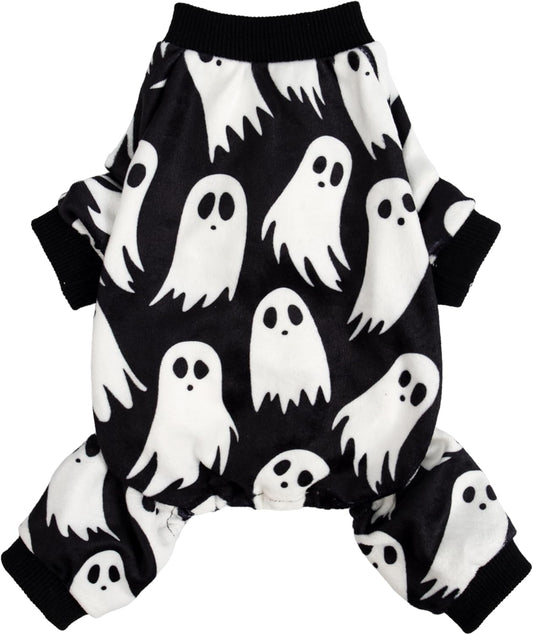 Fitwarm Halloween Ghost Dog Pajamas, Funny Halloween Costumes for Dogs, Fleece Dog Onesie with Feet, Doggy Clothes for Small Dogs Boy Girl, Pet Apparel, Black, White, XL