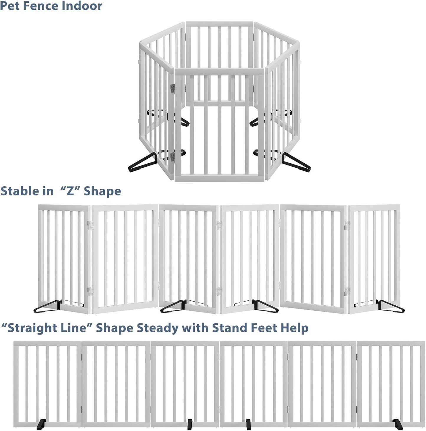 Dog Gates for Doorways Extra Wide 110inches (9ft), Wooden Freestanding Pet Gates for Dogs with 4 Support Stands, Foldable Gates for Dogs Indoor