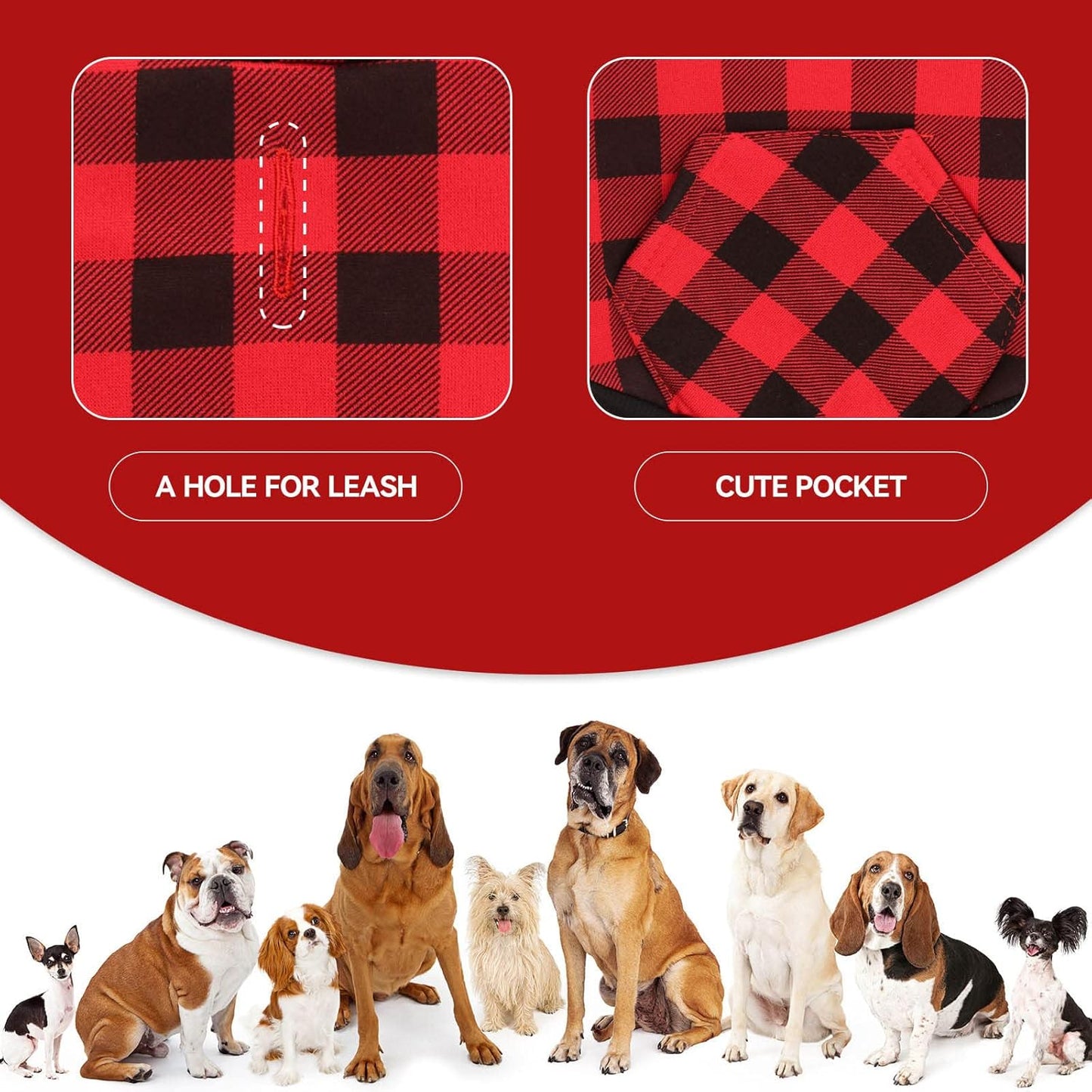 Dog Sweater Red Buffalo Plaid Pet Clothes Warm and Soft Breathable Cozy Small Pet Hoodies Dog Sweaters for Small Dogs with Pocket(S)