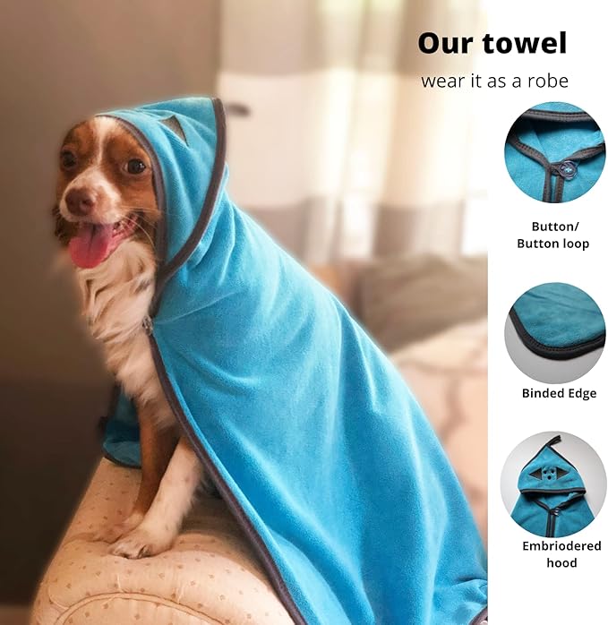 Penny & Niko Multi Purpose Microfiber Pet Towel and Mitt Set - Cat, Dog Drying Towel/Hooded Robe and Paw Cleaning Gloves - 30x30 inches - Blue/Gray Set