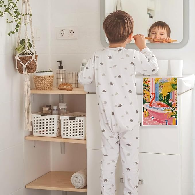 Flamingo Hand Towels for Bathroom, Trendy Maximalist Tropical Botanical Flamingo Hand Towels for Bathroom Decor, 16x24 Inch