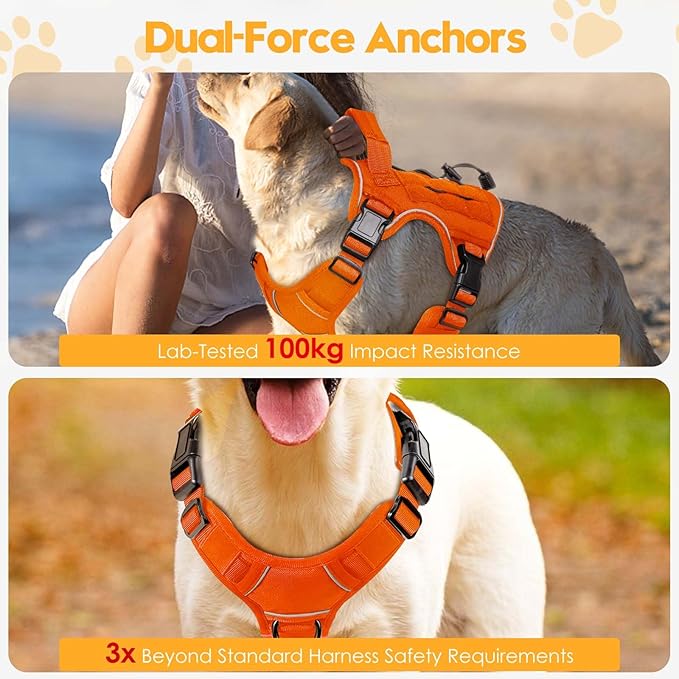 Heavy-Duty Tactical Dog Harness for Large Dogs, No Pull Adjustable Reflective Pet Vest with Molle System, K9 Military-Grade Control for Service Training, Outdoor & 10+ Breeds, Orange, Large