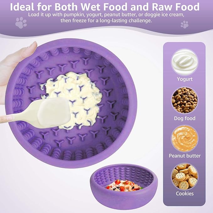Dog Lick Bowl, ZOURYNUA Non-Slip Slow Feeder Dog Bowls, Enrichment Licking Mat for Distraction, Anxiety Relief Treat Dispenser Freezer, BPA Free Silicone & Dishwasher Safe (Purple, Small)