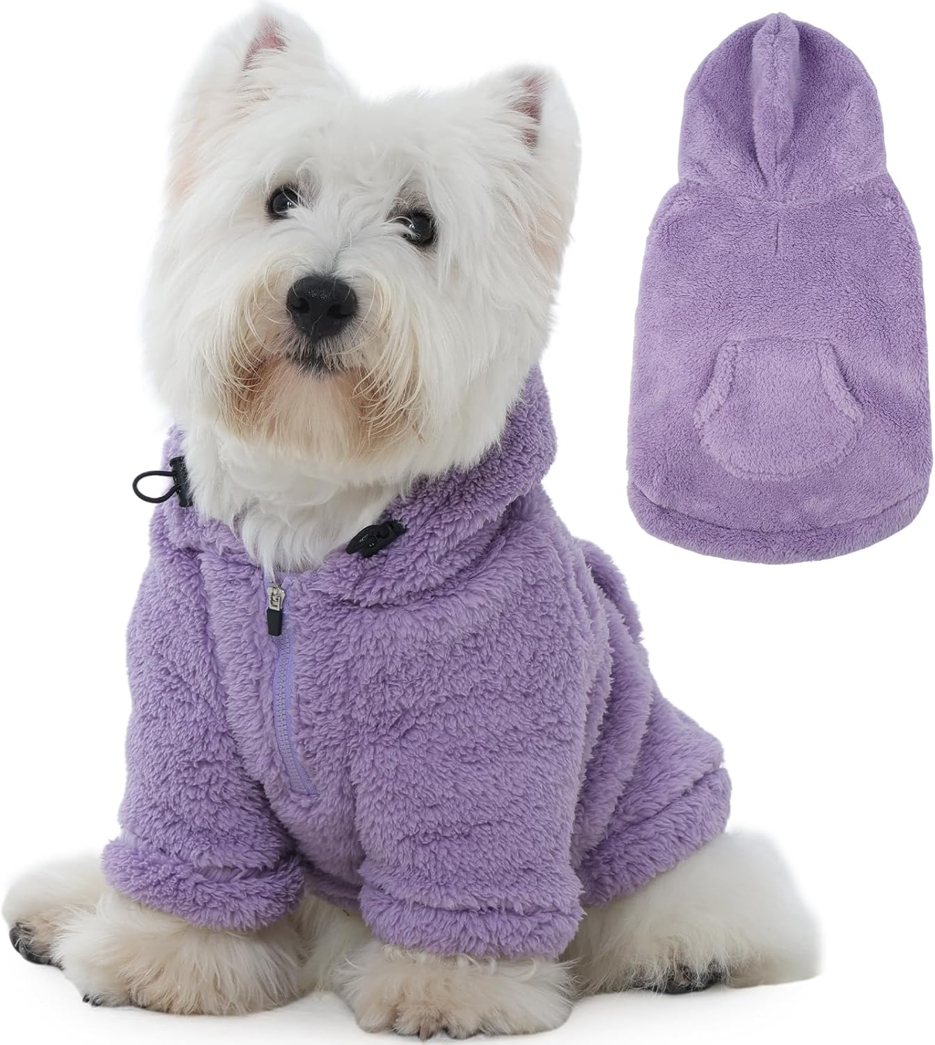 IDOMIK Fuzzy Dog Sweater with Adjustable Hood, Warm Fleece Dog Sweater Hoodie with Harness Hole & Pocket, Pullover Sweaters for Small Dogs, Fuzzy Hooded Sweatshirt for Fall Winter Christmas,Purple,S