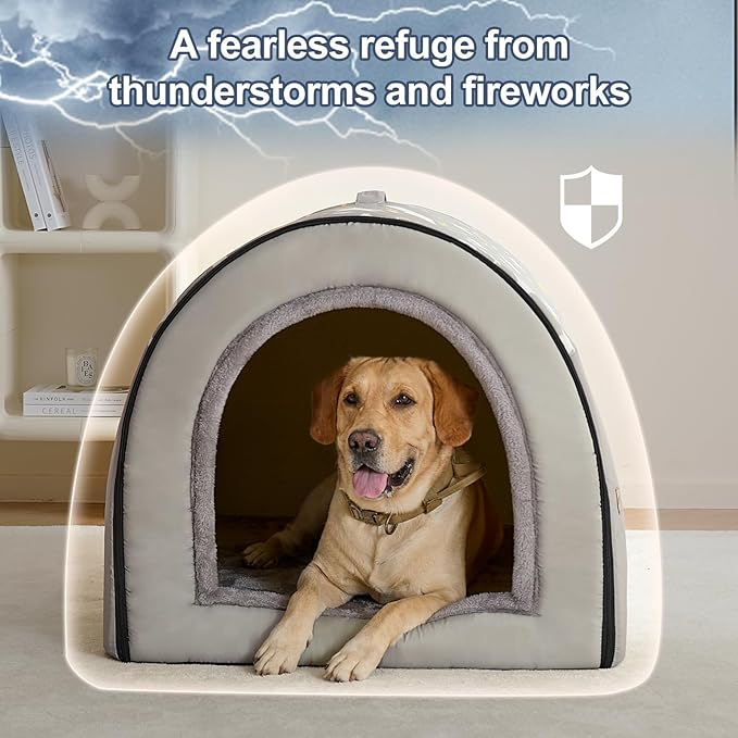 Jiupety 2 in 1 Dog House Indoor, Comfy Cave Bed Covered Dog Bed, Portable House for Large Dogs, 3XL(39"×32"×28"), Up to 90 Lb, Grey