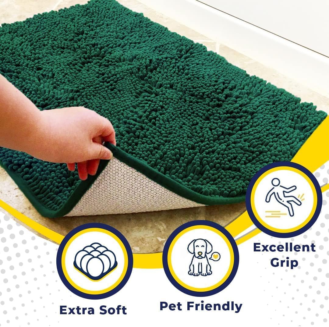 Muddy Mat® AS-SEEN-ON-TV Highly Absorbent Microfiber Door Mat and Pet Rug, Non Slip Thick Washable Area and Bath Mat Soft Chenille for Kitchen Bedroom Indoor and Outdoor - Dark Green 24" x 96"
