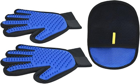 Pet Hair Removal Grooming Gloves Set – Silicone Cat & Dog Deshedding Gloves with Double-Sided Pet Hair Remover, Washable Reusable Anti-Static Grooming Set for Cats Dogs Horses (Blue)