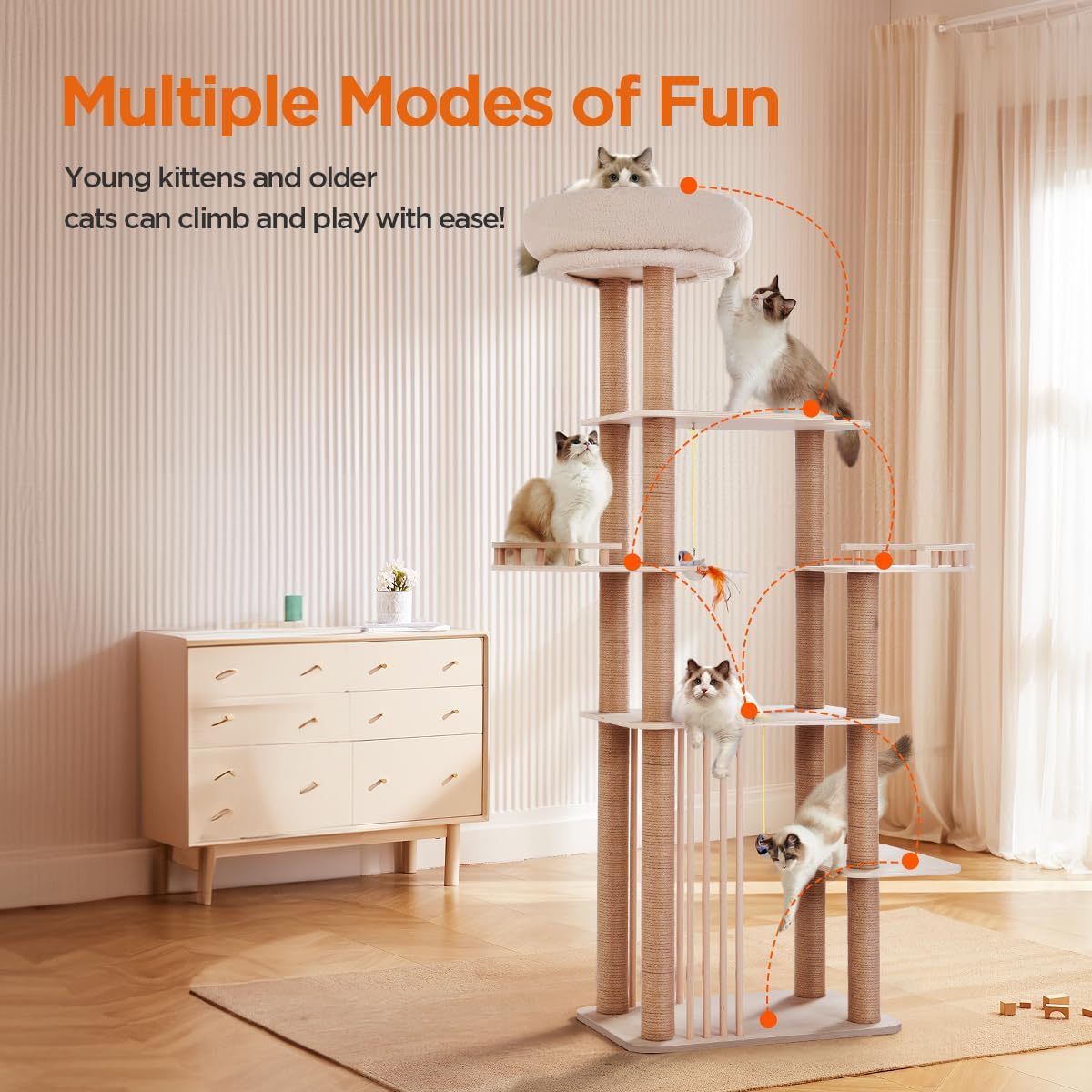 68" Large Cat Tree, Solid Wood Multi-Level Cat Tower with Scratching Posts, Fun Toys, and Washable Plush Platform for Indoor Cats