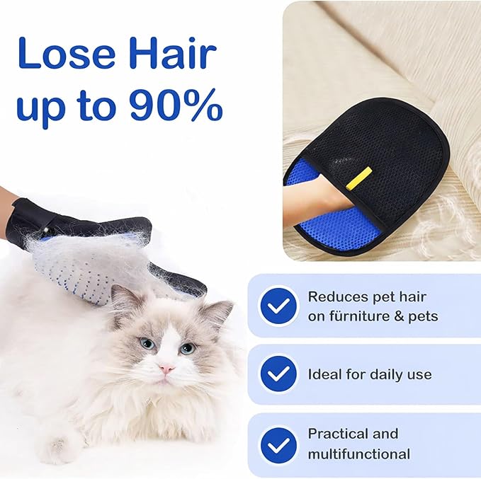 Pet Hair Removal Grooming Gloves Set – Silicone Cat & Dog Deshedding Gloves with Double-Sided Pet Hair Remover, Washable Reusable Anti-Static Grooming Set for Cats Dogs Horses (Blue)