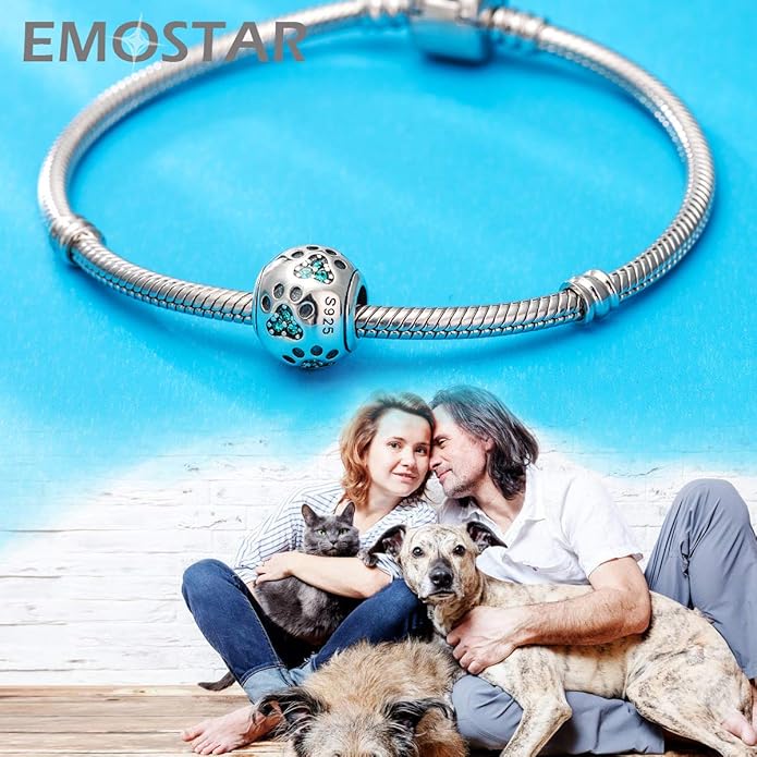 EMOSTAR Dog Paw Print Charms with Various Birthstone Crystals, 925 Sterling Silver Pawprint Beads for 3mm Snake Chain, Pet Lover Gifts for European Women Bracelet