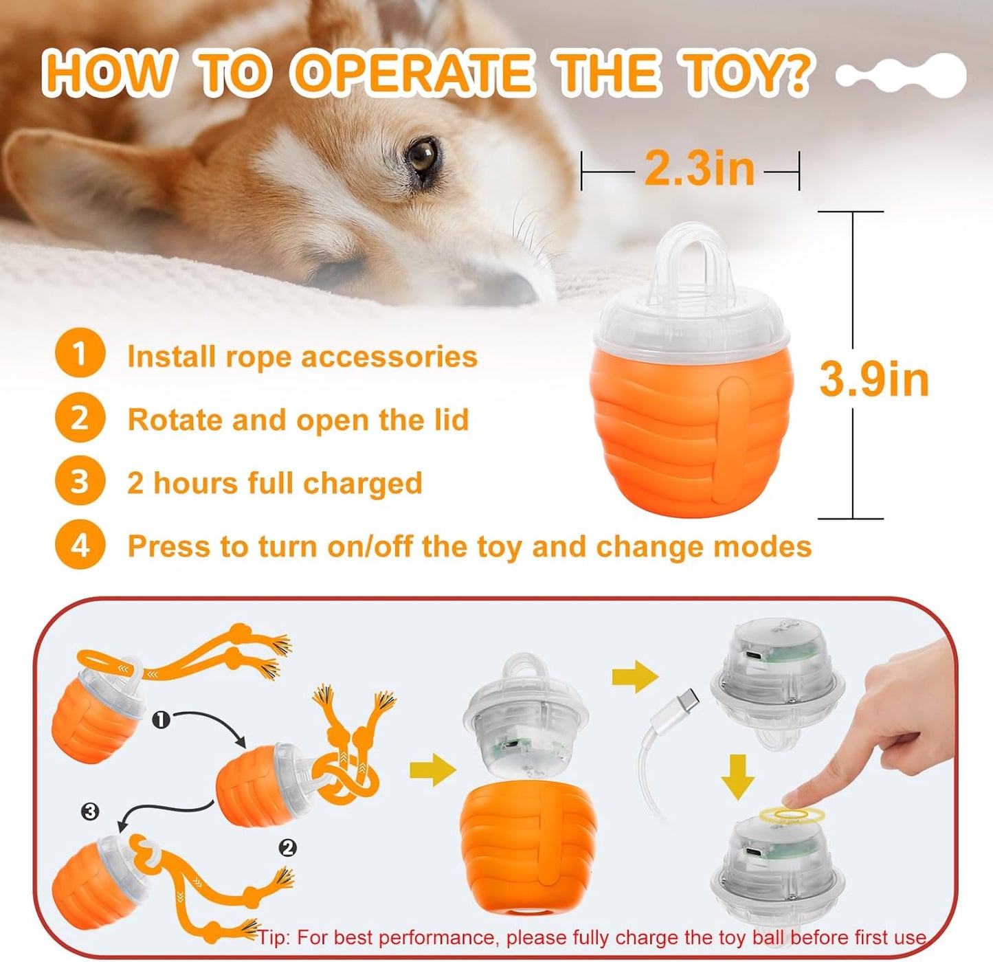 Interactive Dog Toys - [2025 Newly Upgraded] Motion Activated Ball for Small/Medium/Large Dogs, Automatic Moving Dog Toy Wicked Ball for Boredom & Training, Music, USB Rechargeable (Orange)