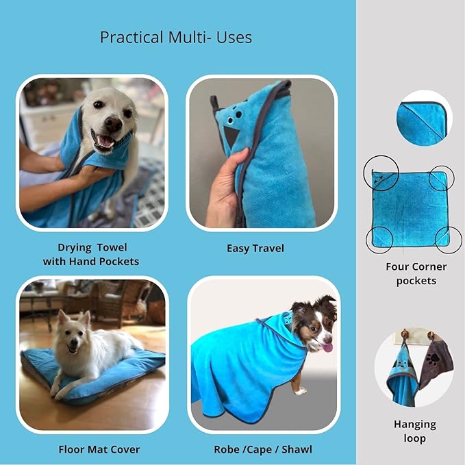 Penny & Niko Multi Purpose Microfiber Pet Towel and Mitt Set - Cat, Dog Drying Towel/Hooded Robe and Paw Cleaning Gloves - 30x30 inches - Blue/Gray Set