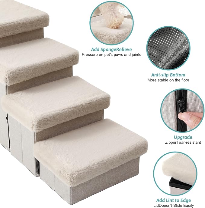 Dog Stairs for Small Dogs with Storage and Condo, 17.5" H Foldable Pet Stairs for Small Medium or Puppy Dogs and Older Cats, Dog Steps for Bed or Couch, 13x35x17.5 inch, 4 Tiers, Beige