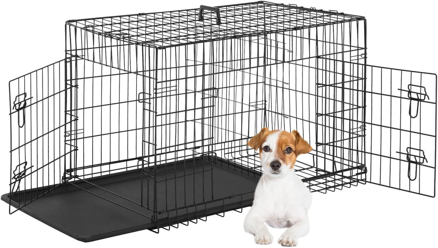 FDW Dog Crate for Small Dogs 24 Inch Folding Metal WirePet Cage Double Door W/Divider Panel Indoor Outdoor Kennel Leak-Proof Plastic Tray,Black