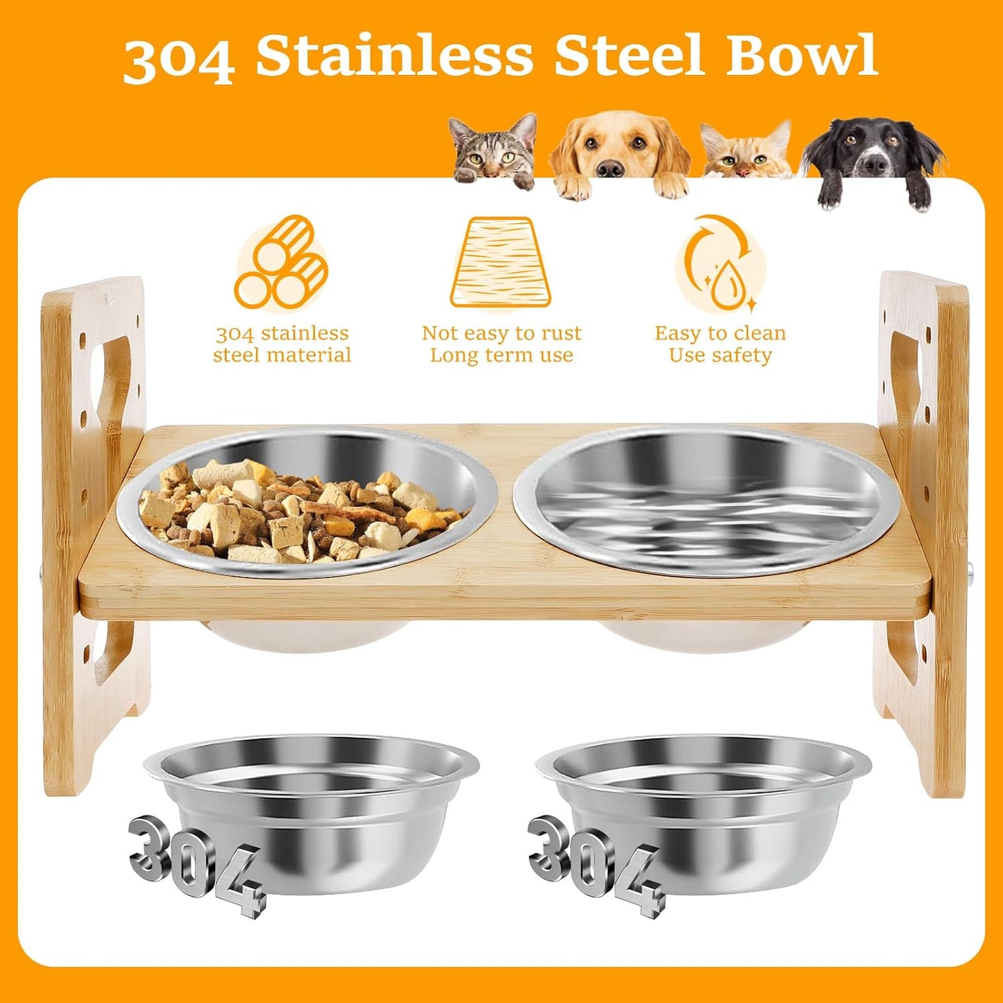 Elevated Dog Bowls, 15° Inclined Raised Pet Feeder, 2" to 7.7" 5 Adjustable Height w 2 Stainless Steel 6.2" Water Food Bowl, Cat Food & Water Dish w Wooden Stand for Medium Size, Small & Large Breed