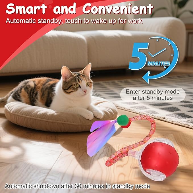 Interactive Cat Toys Smart Ball for Cats & Dogs! Now with 2 Rapid Tails. Features: 360°Auto-Rolling, Motion Activation& Bird Sounds. Perfect for Indoor Pet Exercise & Fun. (Red＆Blue)