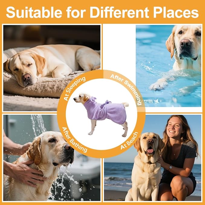 Medium to Large Size Dog Bathrobe, Quick Drying Super Absorbent Used for After Bathing, Warm Dog Towels, Adjustable Hoodies and Belts for Pet Dogs Bath Clothes Products (Purple, 3XL)