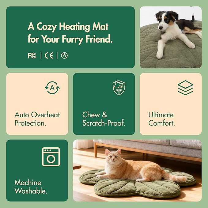 Extra Large Dog Heating Pad Waterproof Electric Heated Pet Beds for Indoor Outdoor, Adjustable Temperature,Washable Green Clover Shaped Cat Heating Pad Non Slip Bottom(57"X47")