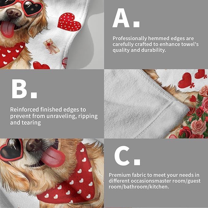 Giwawa Valentine Dog Hand Towels Set of 2 Hugs Kisses Dish Towels Soft Highly Absorbent Fingertip Towel for Home Bathroom Kitchen Hotel Spa