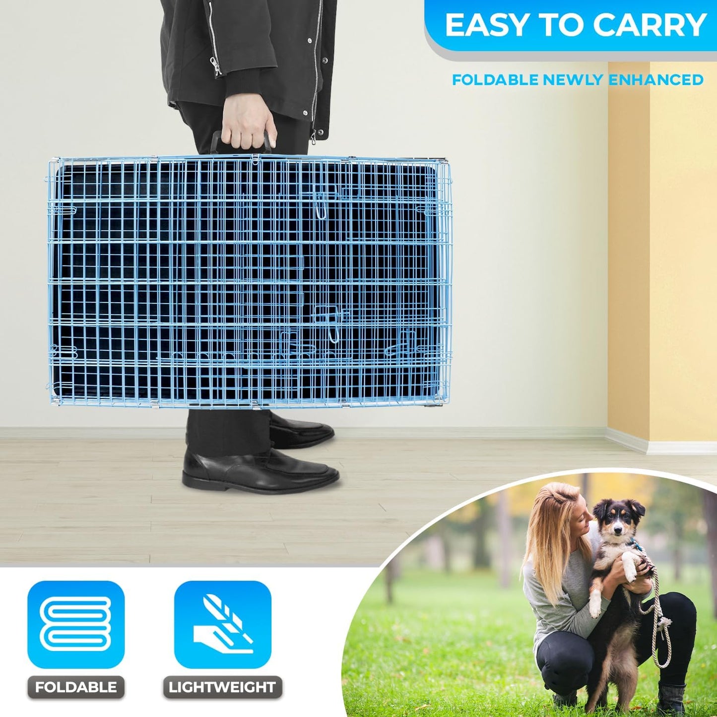 FDW Dog Crate for Medium Dogs 30 Inch Folding Metal WirePet Cage Double Door W/Divider Panel Indoor Outdoor Kennel Leak-Proof Plastic Tray,Blue