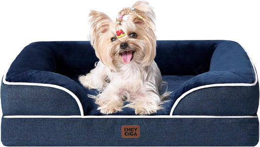 EHEYCIGA Orthopedic Dog Bed for Small Dogs, Waterproof Memory Foam Small Dog Beds with Sides, Non-Slip Bottom and Egg-Crate Foam Medium Pet Couch Bed with Washable Removable Cover, Navy