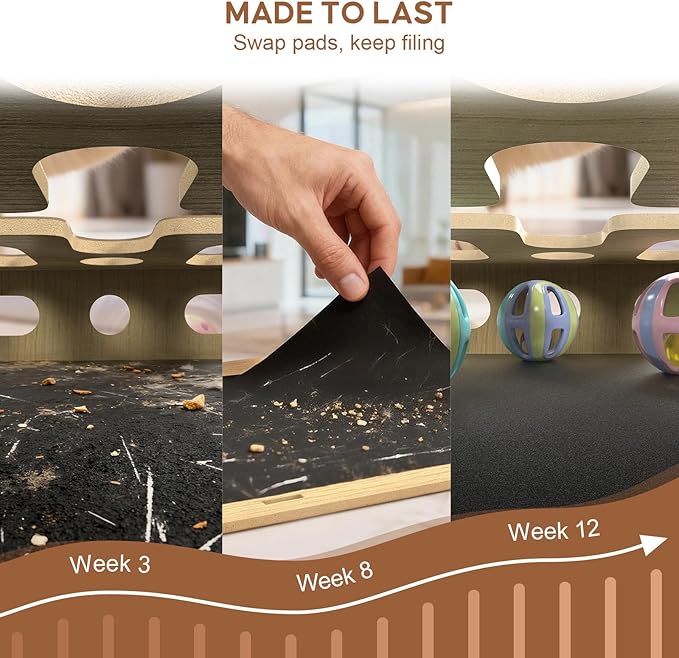 Cat Nail File Box with 2 Sandpaper Pads & 4 Bell Balls, Sturdy Wood Self-Grooming Scratcher for Treat-Motivated Cats, Interactive Cat Scratch Puzzle Enrichment Box with Silicone Security Rings