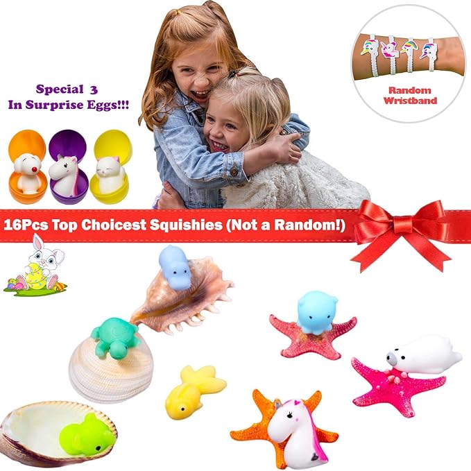 Easter Basket Stuffers - 3 Surprise Eggs Easter Egg Fillers Mochi Squishies 16pcs Mini Kawaii Cat Stress Relief Unicorn Party Favors Kids Easter Gift Teens, Classroom Prize, Toys Claw Machine Prizes