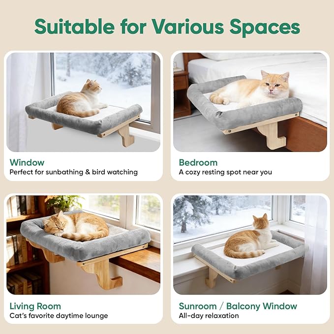 Cat Window Perch with Bolster, Large Hammock Bed for Indoor Cats, Solid Wood & Metal Frame Mounted Perch, Cozy Sunbathing Lounge Bed, 25” Wide (Grey Bed)