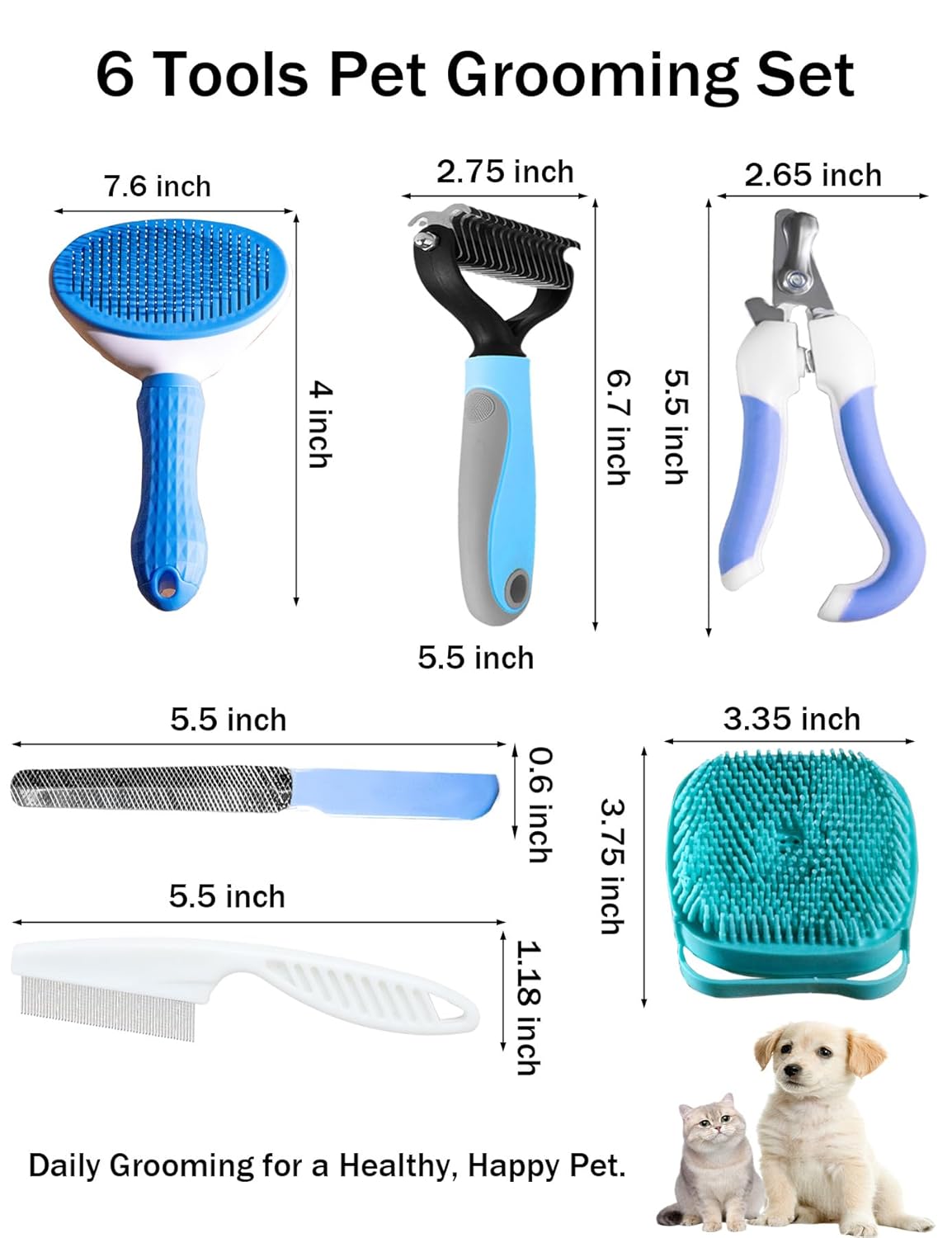 6ps Dog Cat Brush Grooming Kitf, Dog Cat Brushes, Bath Brush, Dematting Rake and Comb, Nail Clipper, Nail File, Flea Comb (Blue 6 Kits)