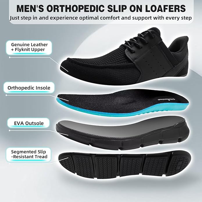 Men's Orthopedic Slip On Loafers, Casual Dress Shoes for Business Work - Arch Support for Plantar Fasciitis, Comfortable Walking Shoes for Flat Feet, Foot & Heel Pain Relief, Ideal for Standing All Day