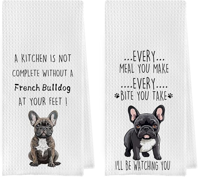French Bulldog Dish Towels Set - Funny Frenchie Waffle Weave Kitchen Towels, French Bulldog Decorative Hand Tea Towels for Bathroom Kitchen (16×24 Inches Set of 2)