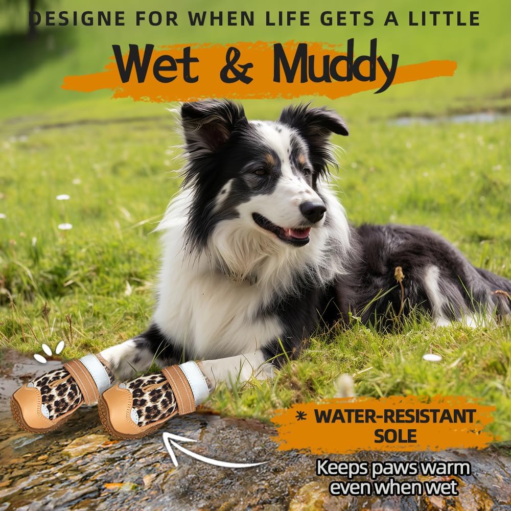 Dog Shoes for Large Dogs, Medium Dog Boots & Paw Protectors for Hardwood Floors, Outdoor Dog Booties for Hot Pavement Winter Snow Hiking, Waterproof Dog Shoes with Reflective Strips Size 4