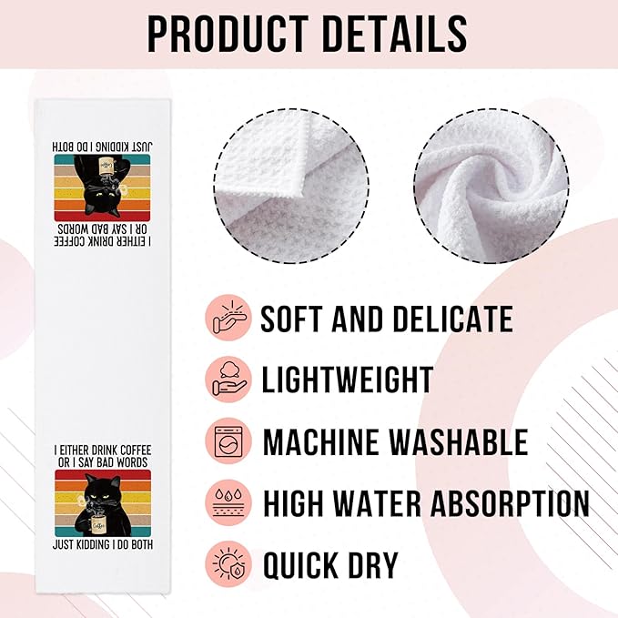 Funny Kitchen Towels for Women, I Either Drink Coffee or I Say Bad Words Dishcloths, Coffee Lovers Gifts, Black Cat Hand Towels with Sarcastic Saying, Kitchen Decor Gifts for Hostess Chef