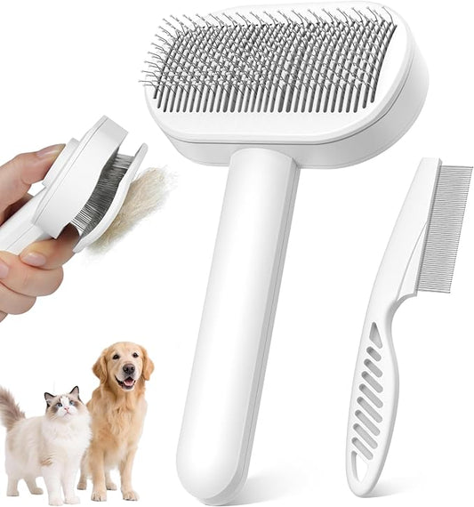 Self-Cleaning Slicker Brush for Dogs & Cats, 3-in-1 Grooming Kit with Detangling Comb & Storage Box, Deshedding Tool for Long Short Hair Pets, Soft Cat Brush Prevents Matting & Tangles, White
