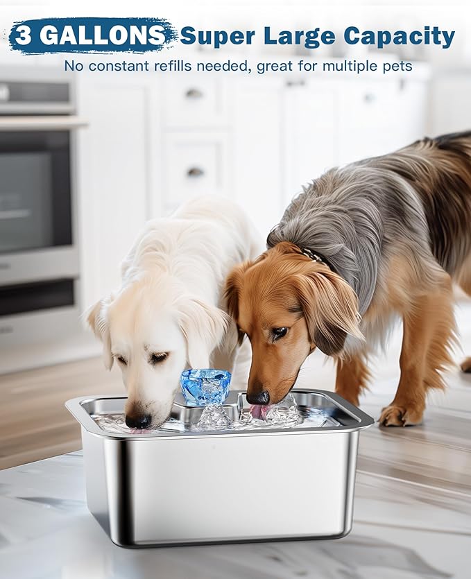 Large Dog Water Fountain Stainless Steel,3 Gallon Extra Big Pet Water Fountain for Large Dogs with 4 Filters,Automatic Dog Bowl Dispenser,Easy to Clean,Quiet Pump