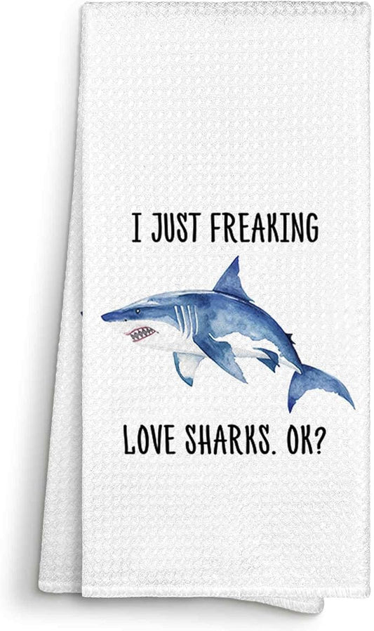I Just Freaking Love Sharks Kitchen Towels Decorative Gifts for Shark Lovers 16x24, Shark Dish Towel Cloths Dishcloths Tea Towel, Shark Bathroom Kitchen Hand Towel Decor